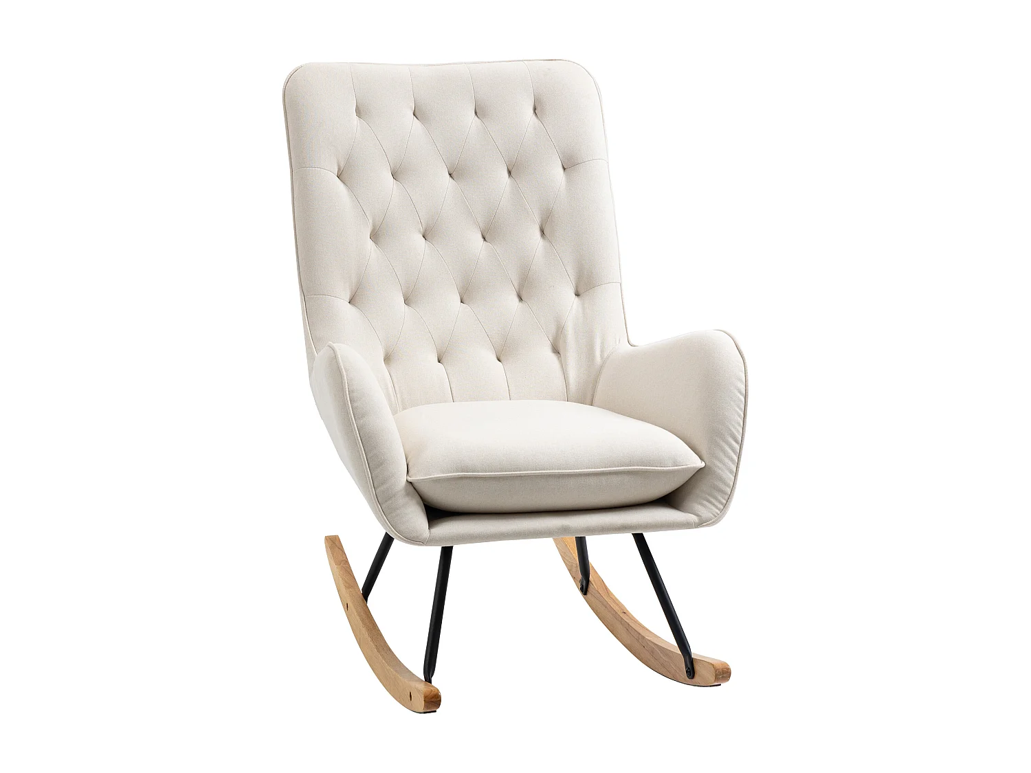 Fauteuil à bascule confortable, lin crème, bois et métal, design élégant (69x90x100cm)