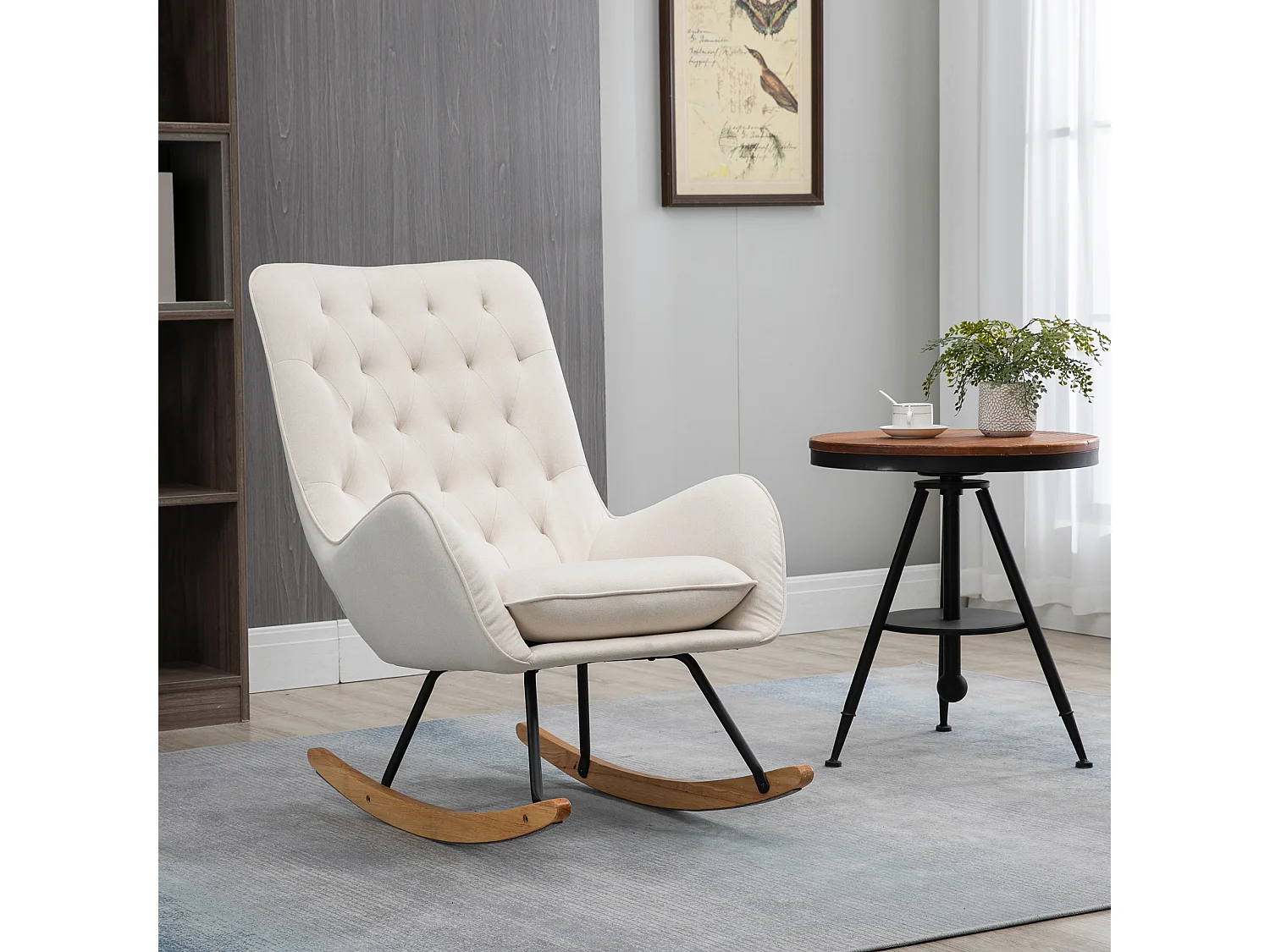 Fauteuil à bascule confortable, lin crème, bois et métal, design élégant (69x90x100cm)