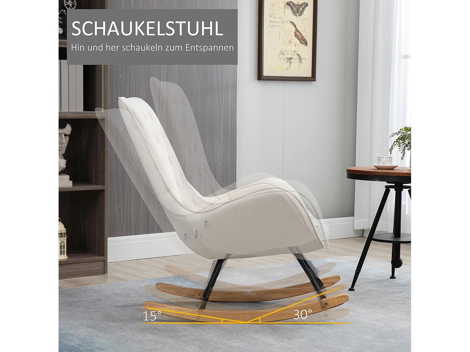 Fauteuil à bascule confortable, lin crème, bois et métal, design élégant (69x90x100cm)