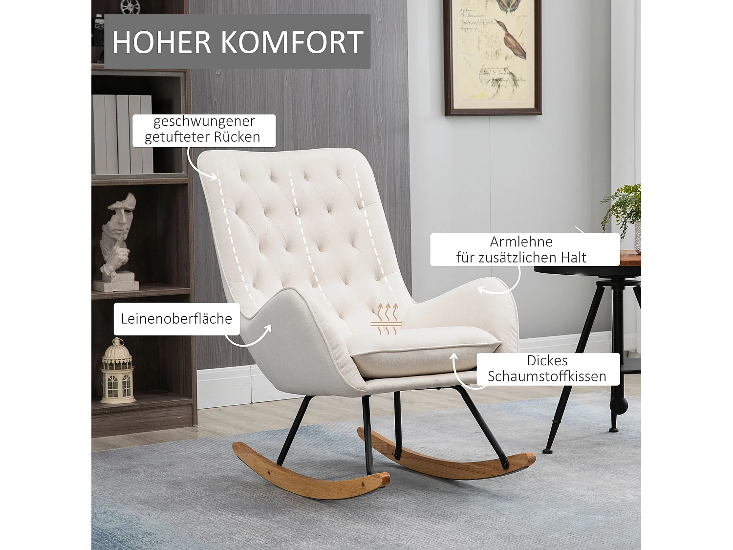 Fauteuil à bascule confortable, lin crème, bois et métal, design élégant (69x90x100cm)