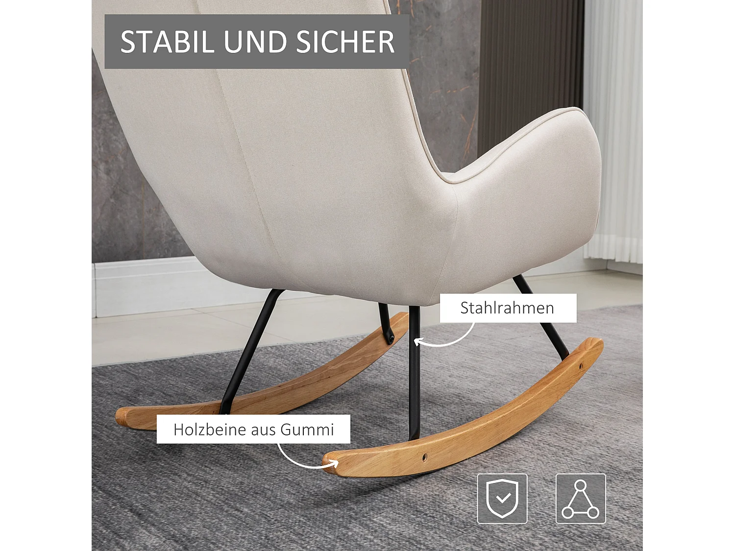 Fauteuil à bascule confortable, lin crème, bois et métal, design élégant (69x90x100cm)