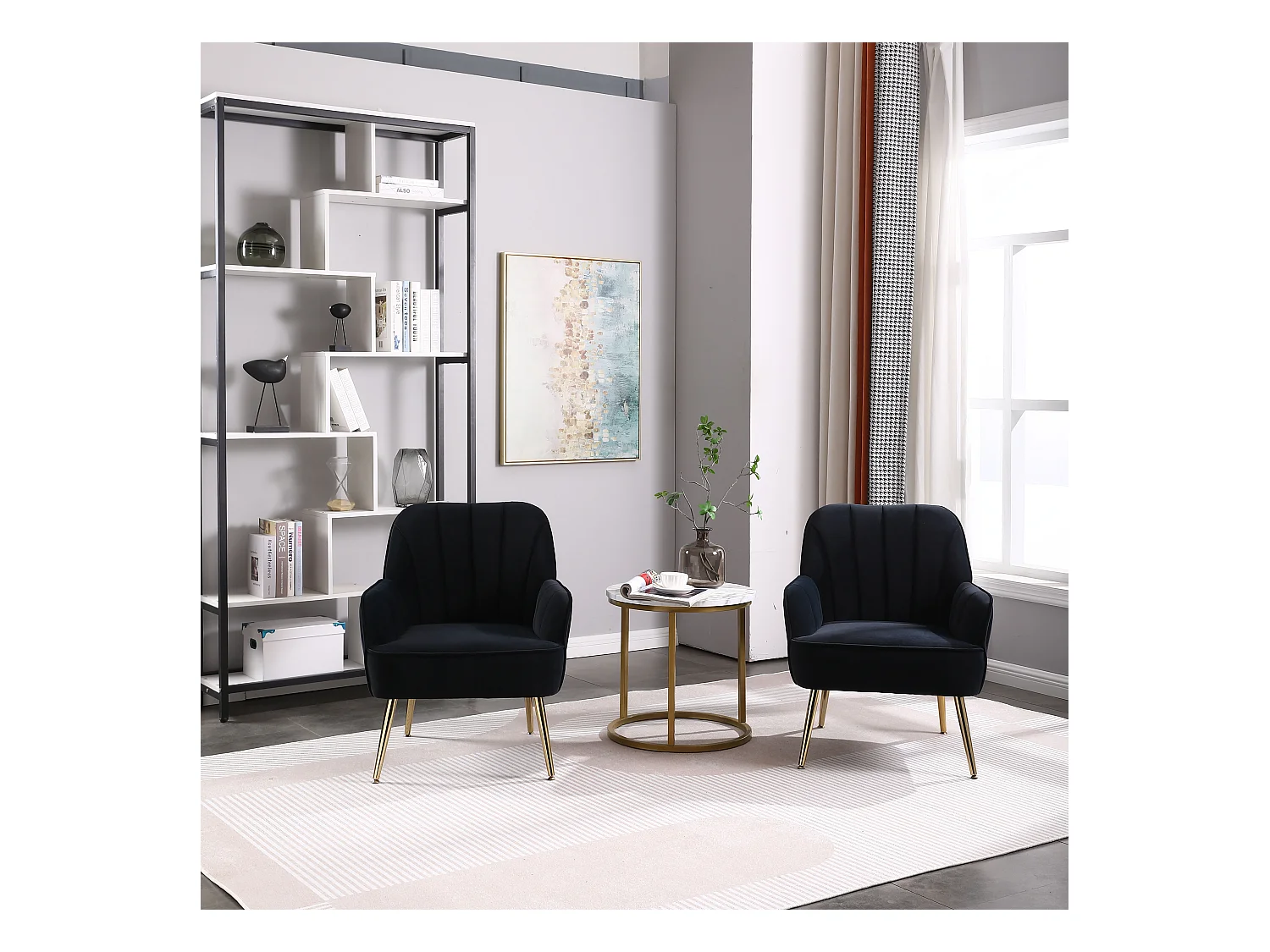 Sillón giratorio de tela Teddy, base de metal negro, juego de 2, gris (64 x 73 x 78 cm)