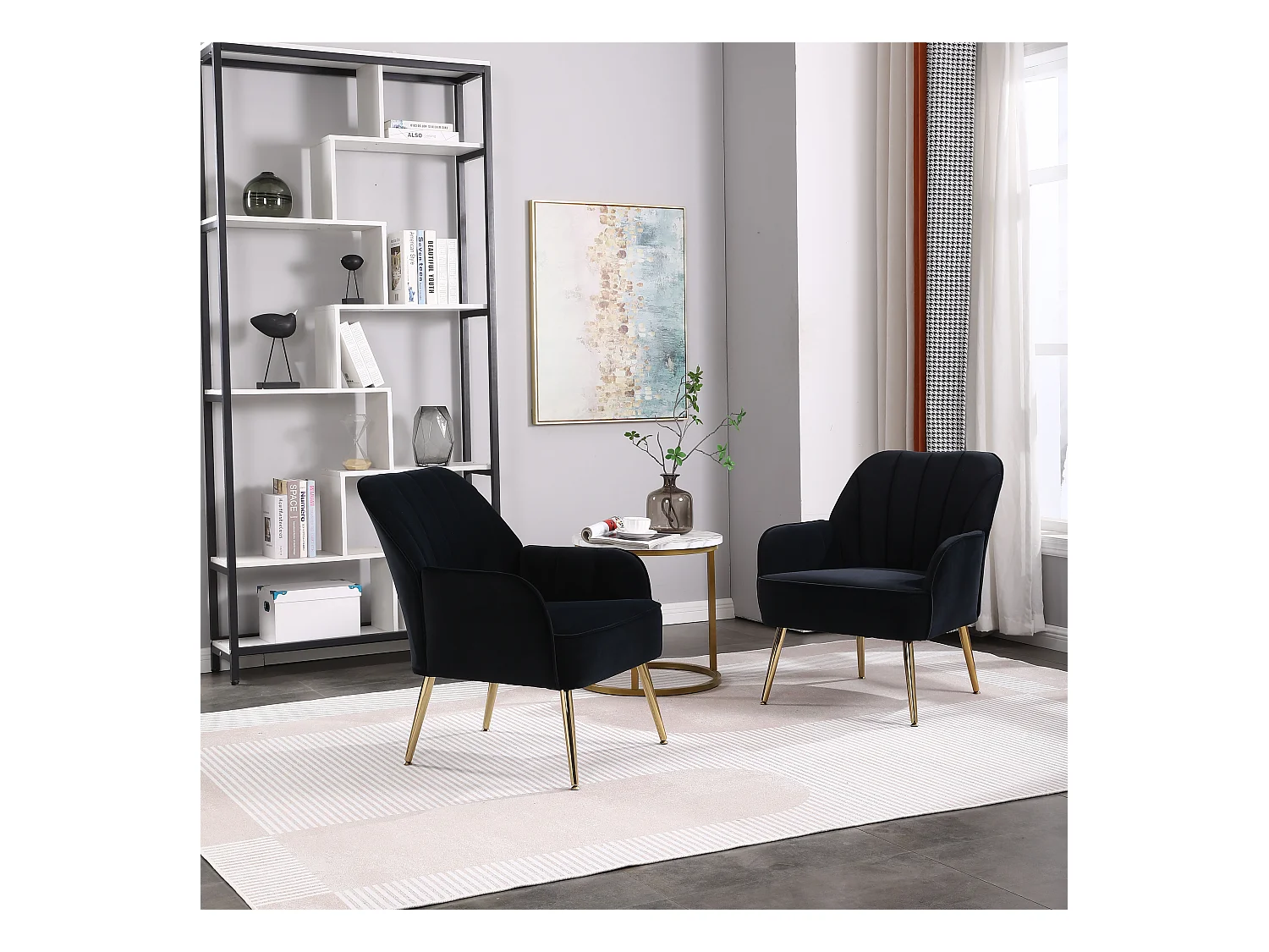 Fauteuil d'accent pivotant en tissu Teddy, base en métal noir, set de 2, gris (64x73x78 cm)