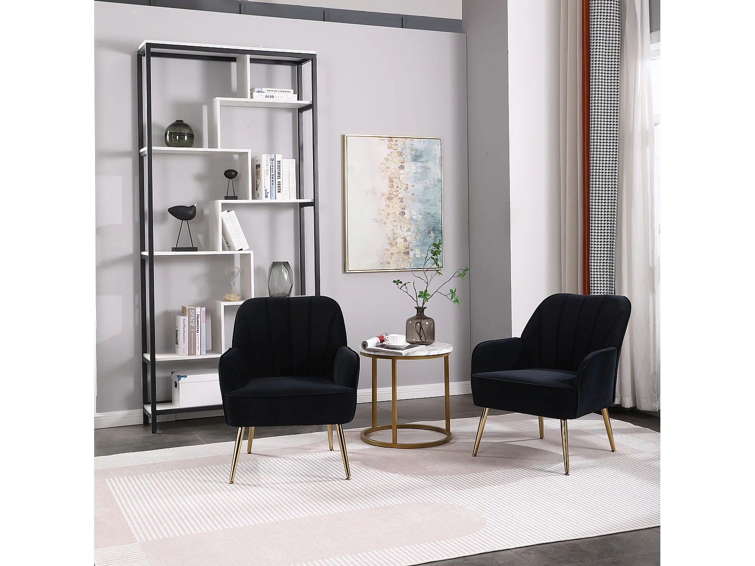 Teddy stoffen draaifauteuil, zwarte metalen voet, set van 2, grijs (64x73x78 cm)