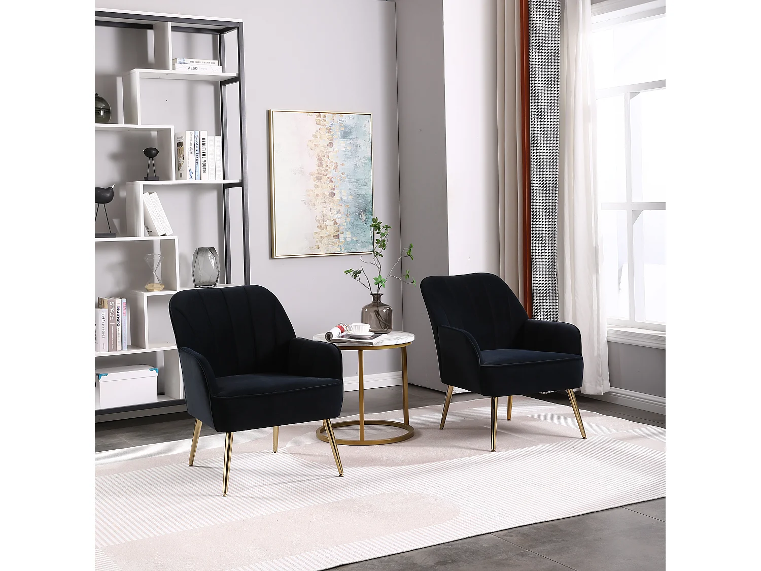 Teddy stoffen draaifauteuil, zwarte metalen voet, set van 2, grijs (64x73x78 cm)