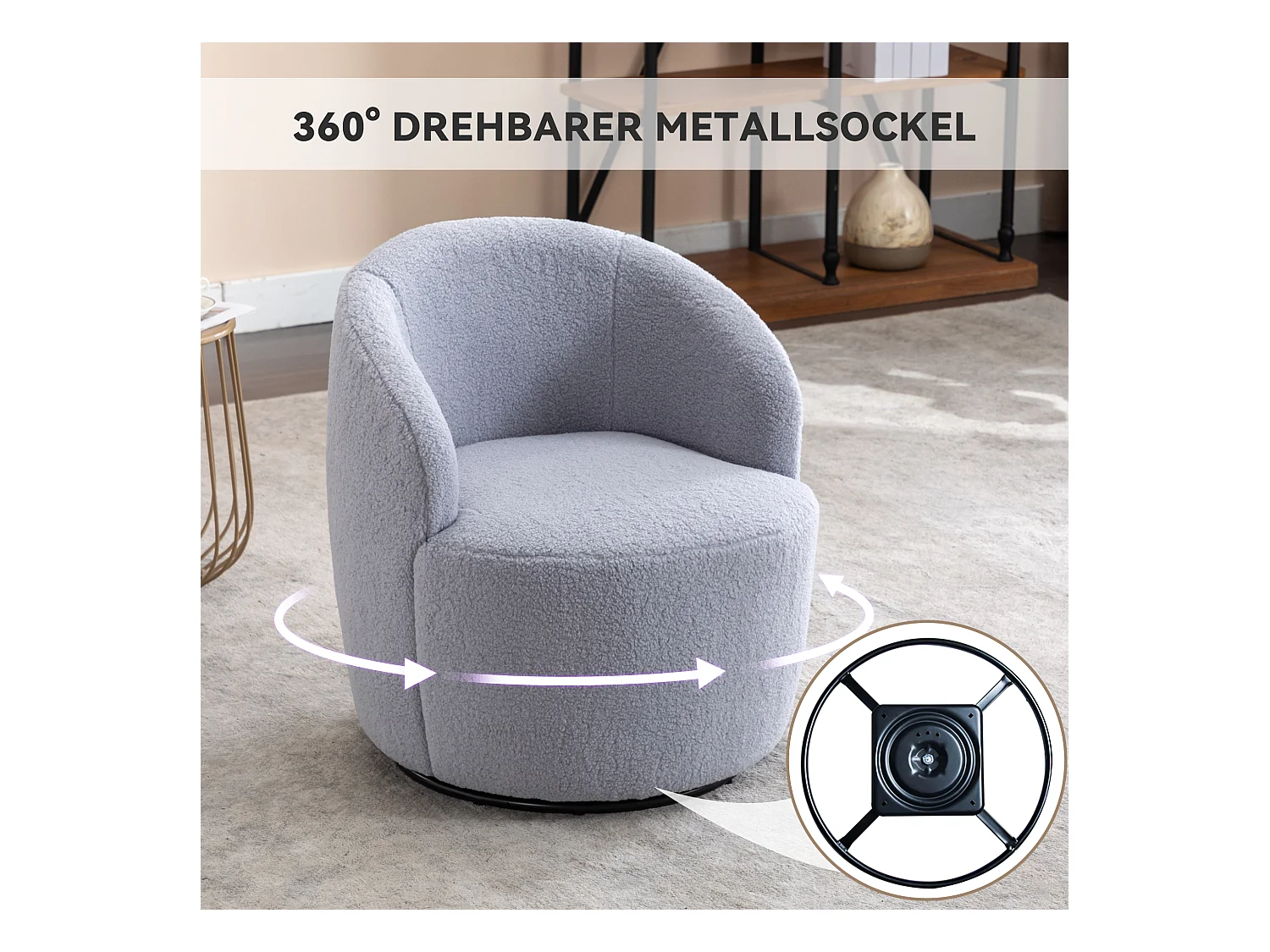 Sillón giratorio de tela Teddy, diseño de huevo, base de metal negro, gris claro (64x64x71 cm)