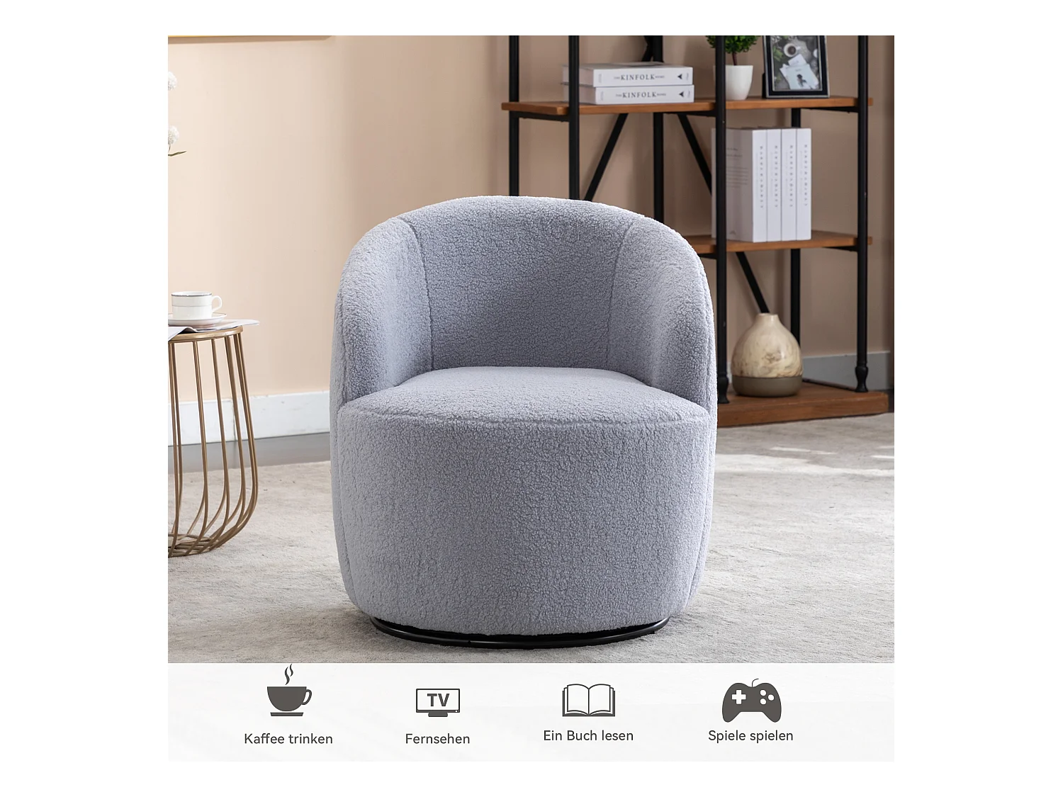 Sillón giratorio de tela Teddy, diseño de huevo, base de metal negro, gris claro (64x64x71 cm)