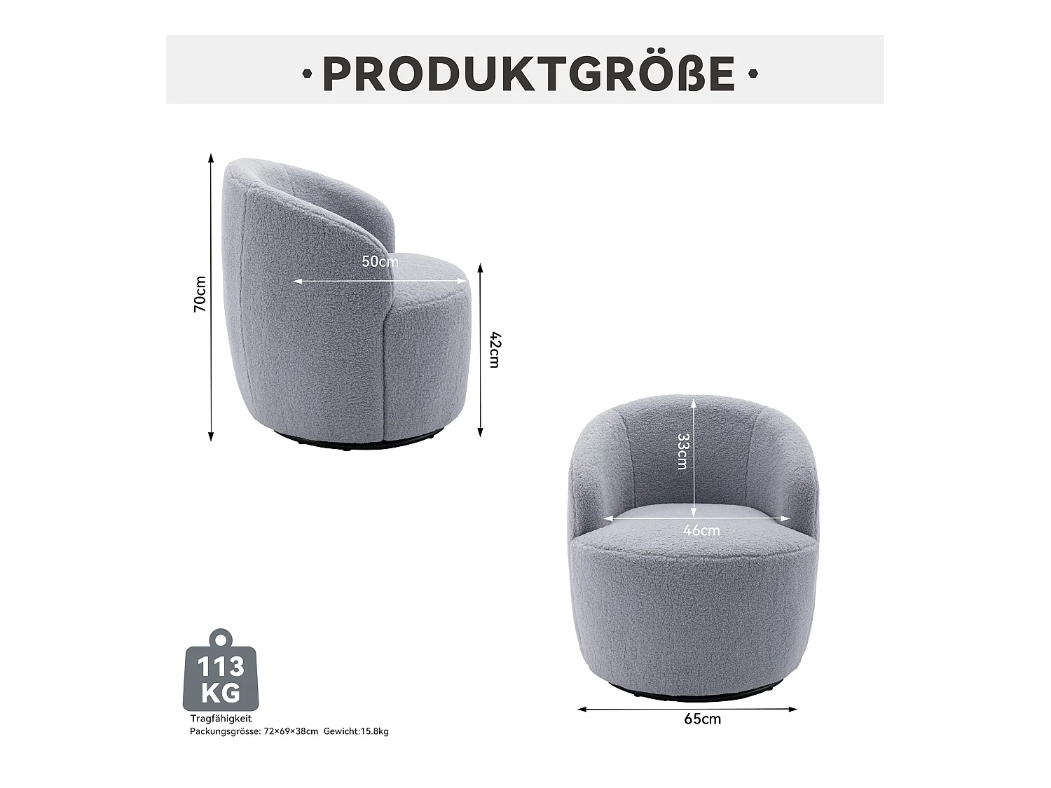 Sillón giratorio de tela Teddy, diseño de huevo, base de metal negro, gris claro (64x64x71 cm)