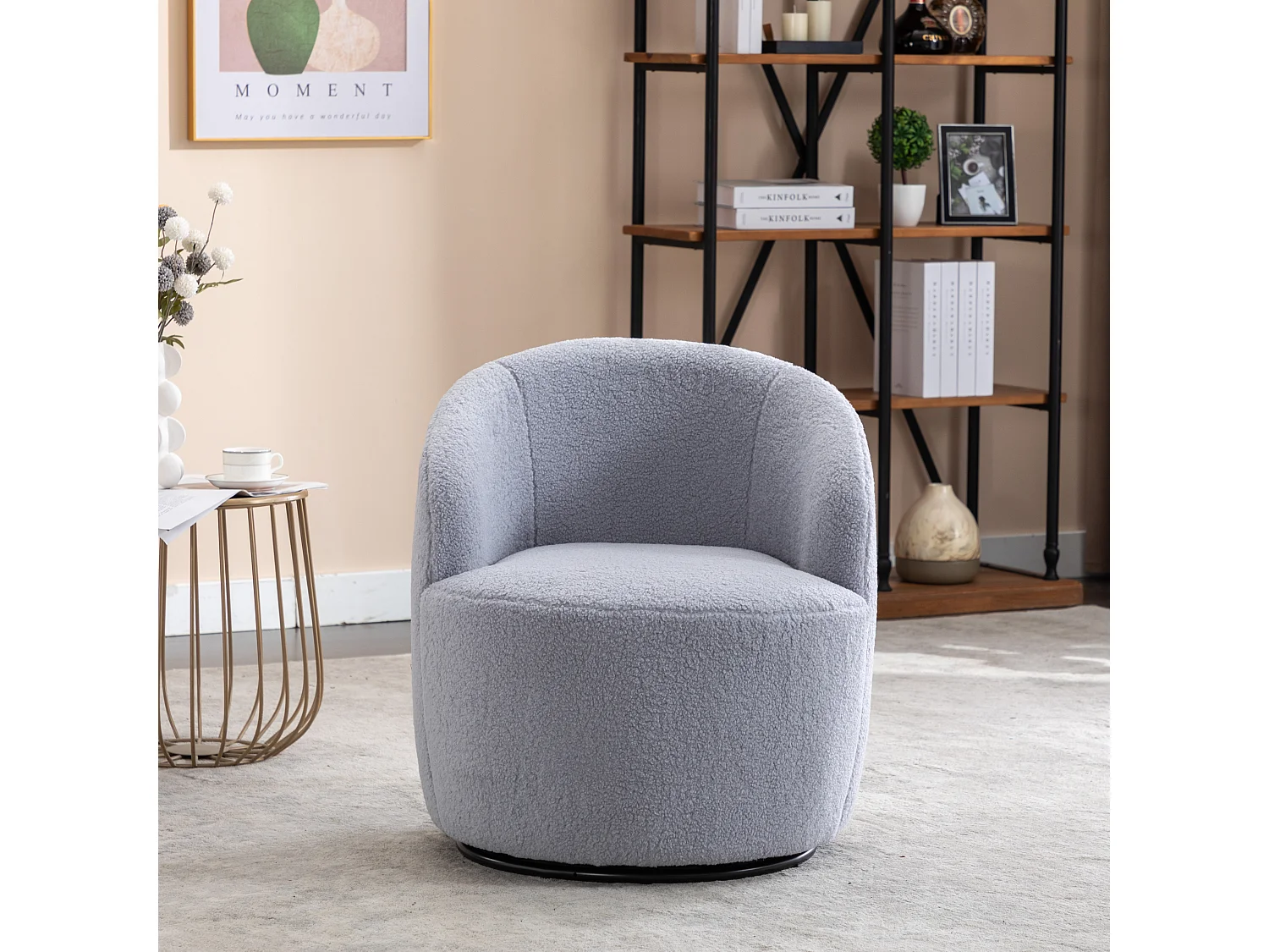 Sillón giratorio de tela Teddy, diseño de huevo, base de metal negro, gris claro (64x64x71 cm)