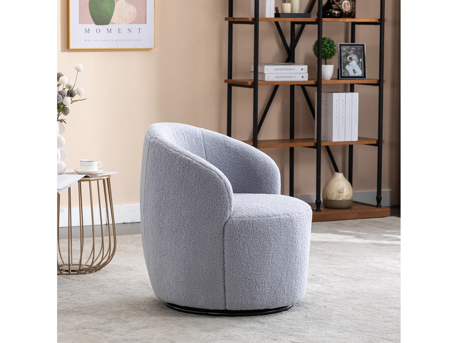 Sillón giratorio de tela Teddy, diseño de huevo, base de metal negro, gris claro (64x64x71 cm)