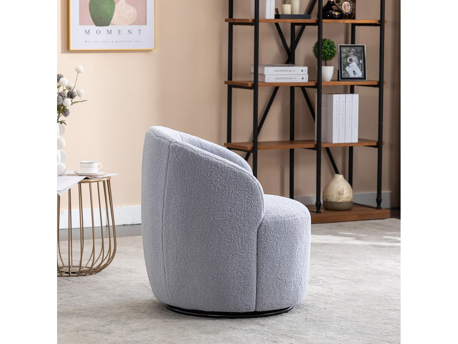 Sillón giratorio de tela Teddy, diseño de huevo, base de metal negro, gris claro (64x64x71 cm)