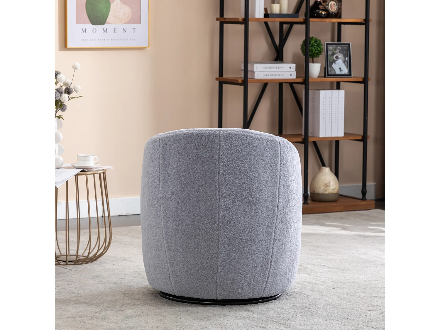 Sillón giratorio de tela Teddy, diseño de huevo, base de metal negro, gris claro (64x64x71 cm)