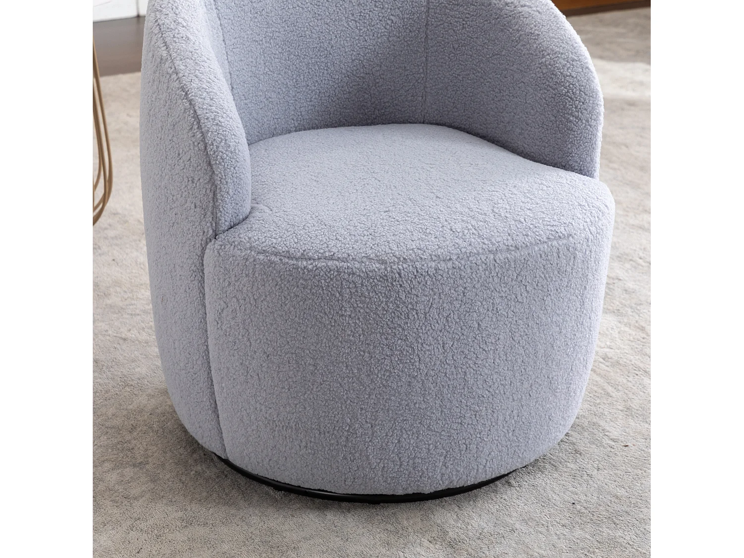 Sillón giratorio de tela Teddy, diseño de huevo, base de metal negro, gris claro (64x64x71 cm)