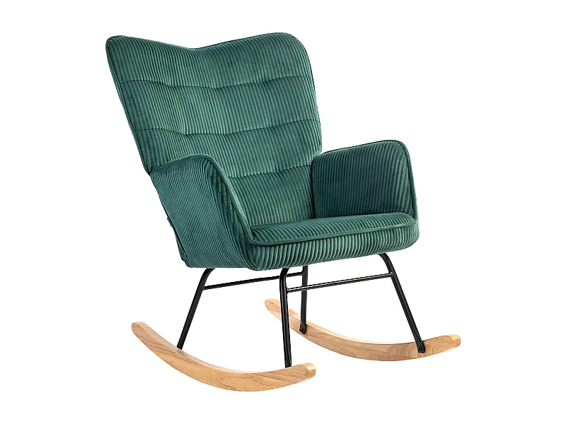 Fauteuil à bascule en velours côtelé, accoudoirs, base en bois, vert foncé (71x98x101 cm)