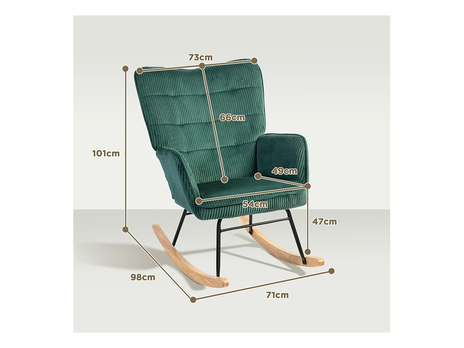 Fauteuil à bascule en velours côtelé, accoudoirs, base en bois, vert foncé (71x98x101 cm)