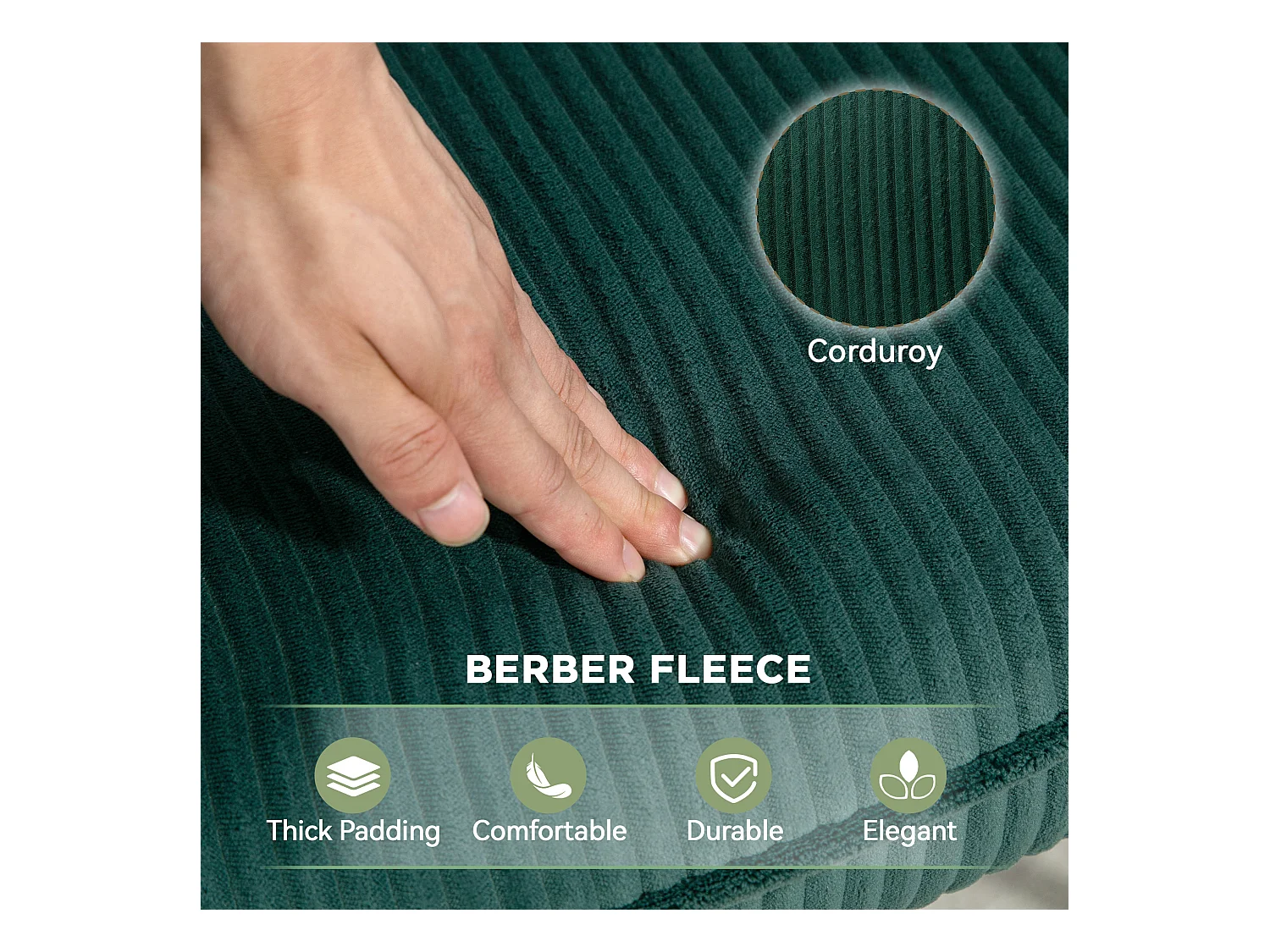 Fauteuil à bascule en velours côtelé, accoudoirs, base en bois, vert foncé (71x98x101 cm)