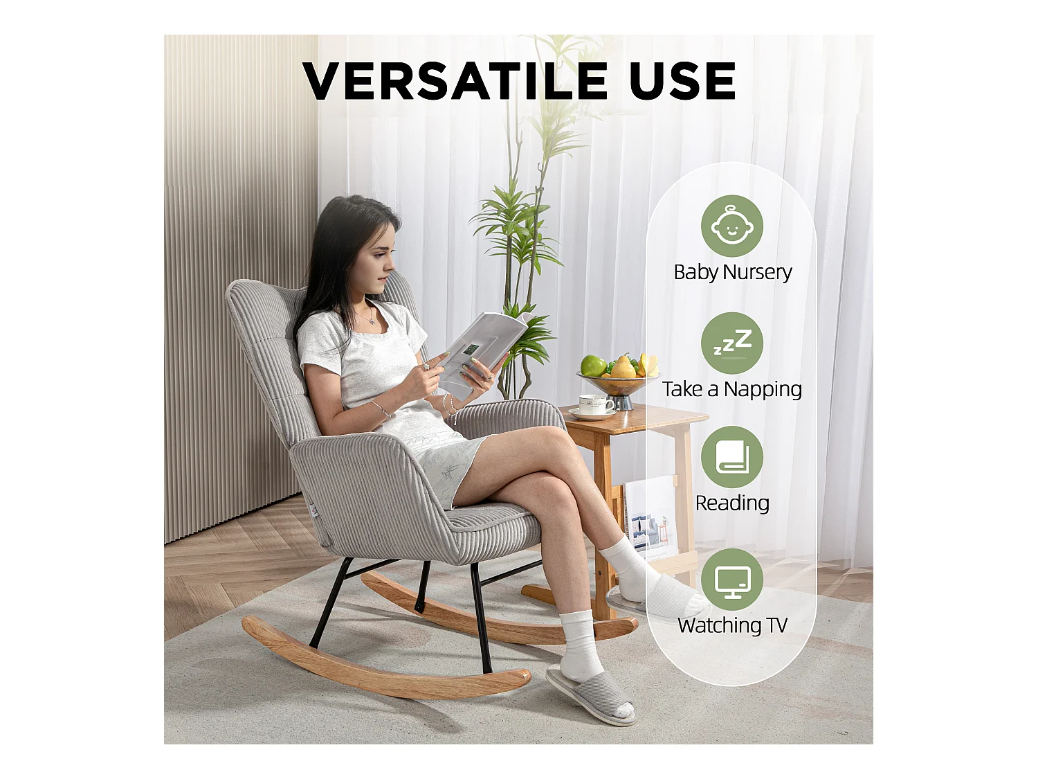 Fauteuil à bascule en velours côtelé, accoudoirs, base en bois, vert foncé (71x98x101 cm)