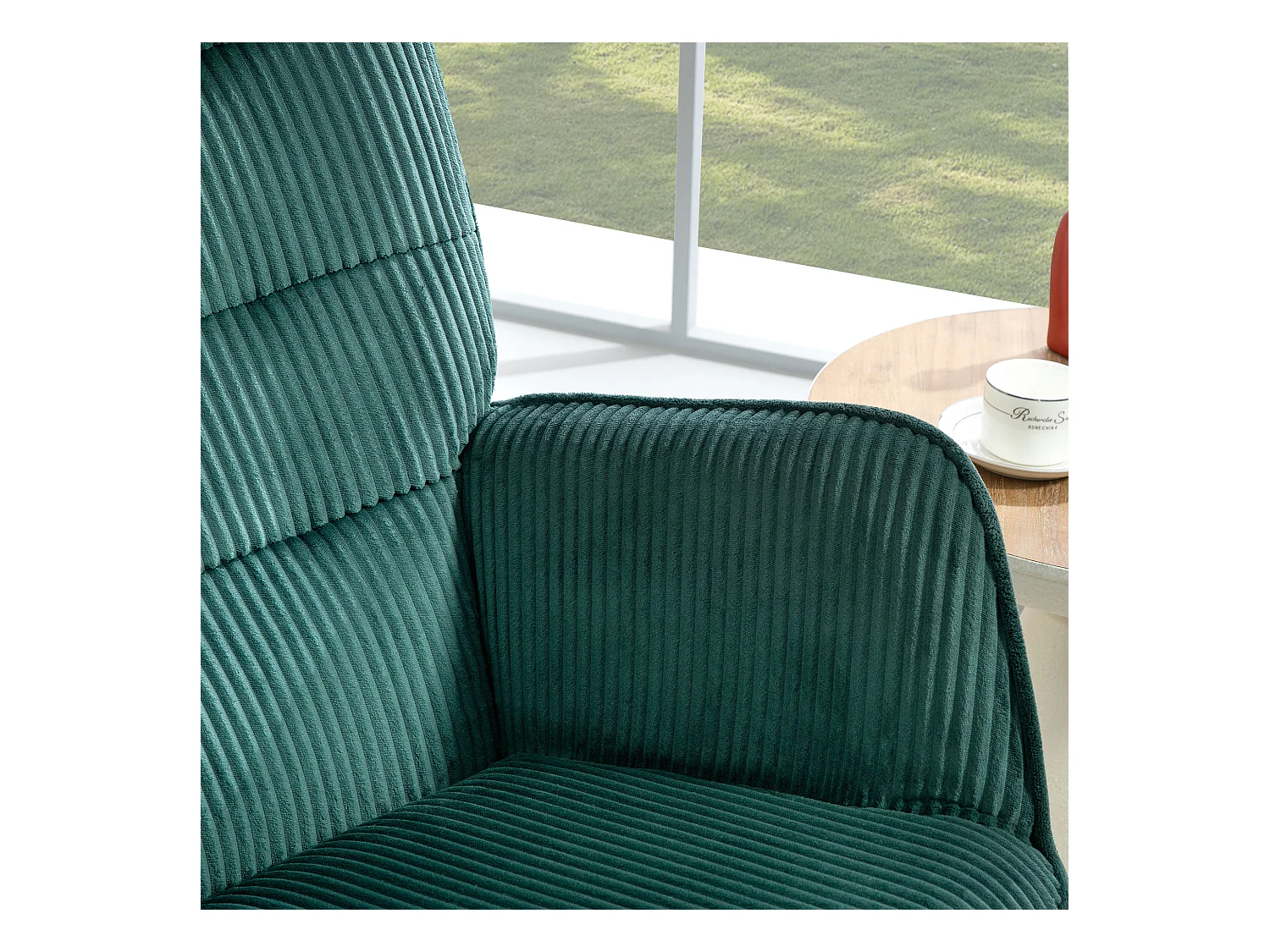 Fauteuil à bascule en velours côtelé, accoudoirs, base en bois, vert foncé (71x98x101 cm)