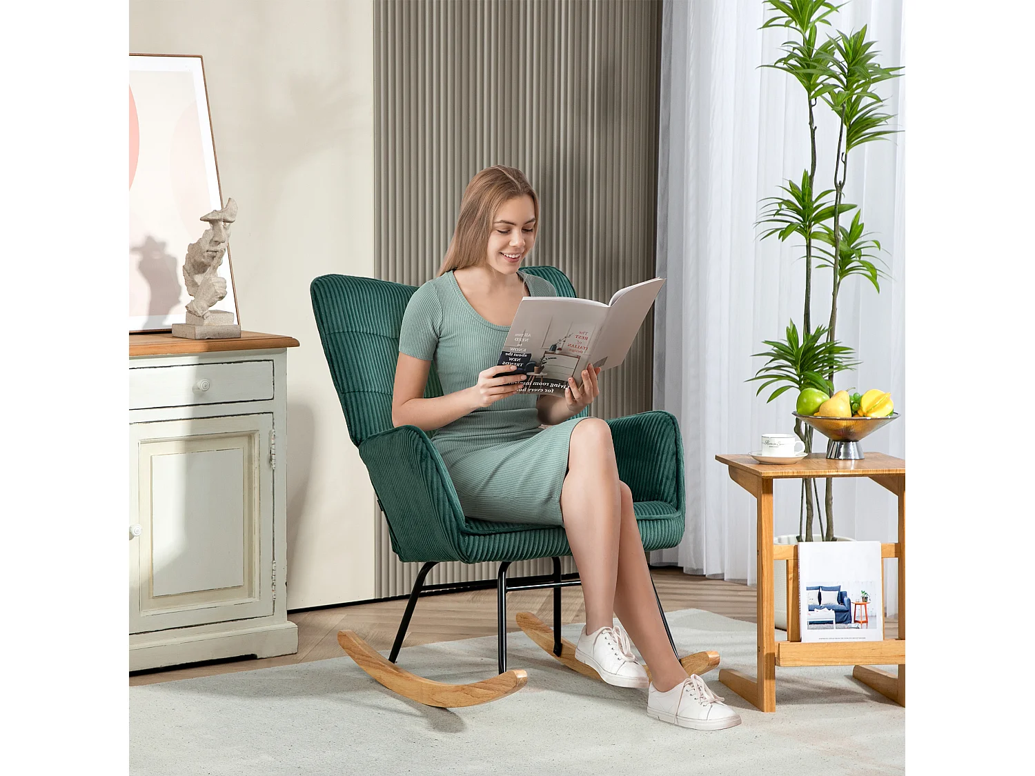 Fauteuil à bascule en velours côtelé, accoudoirs, base en bois, vert foncé (71x98x101 cm)