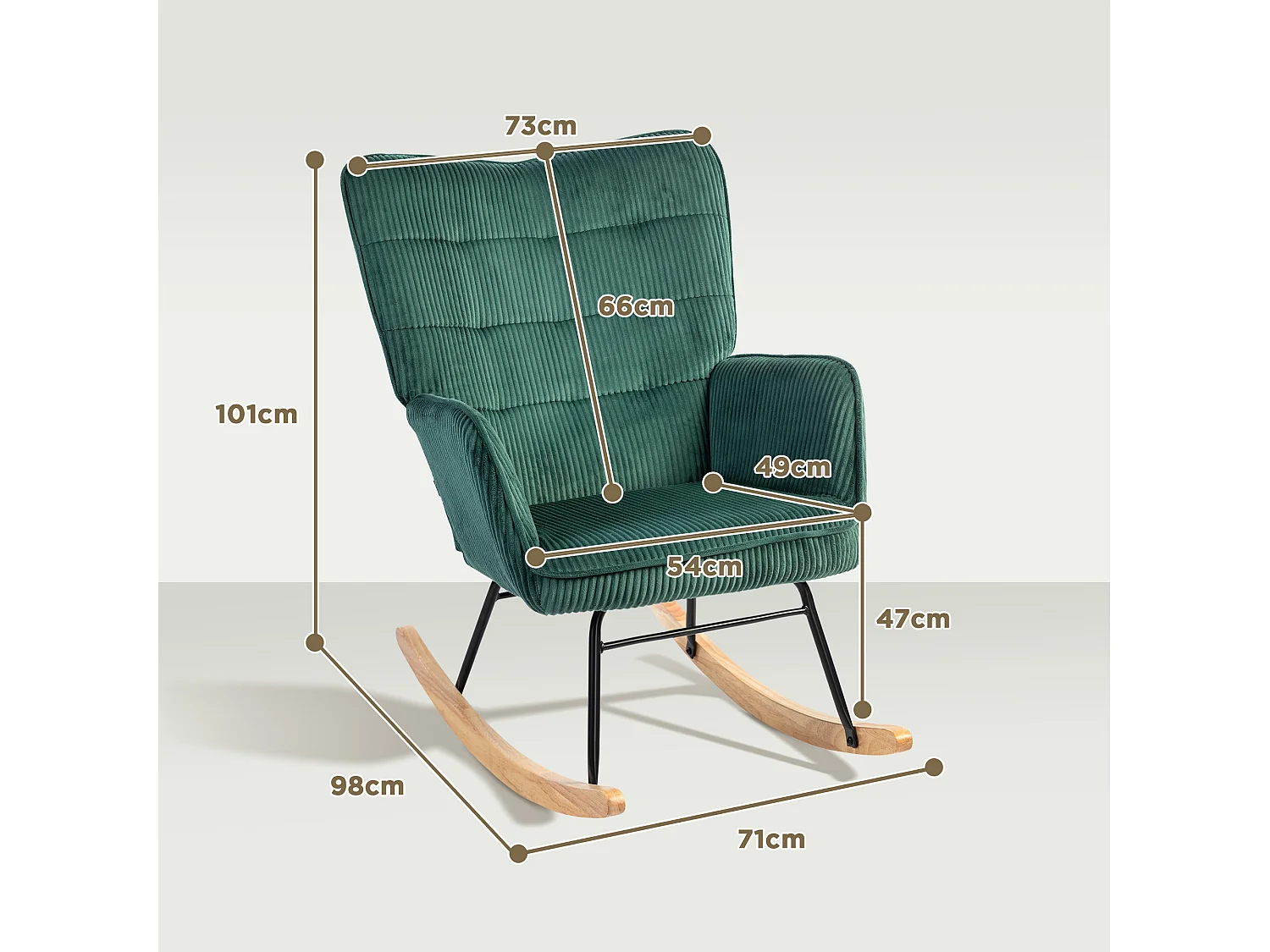Fauteuil à bascule en velours côtelé, accoudoirs, base en bois, vert foncé (71x98x101 cm)