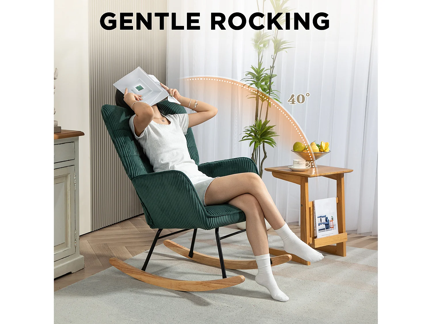 Fauteuil à bascule en velours côtelé, accoudoirs, base en bois, vert foncé (71x98x101 cm)