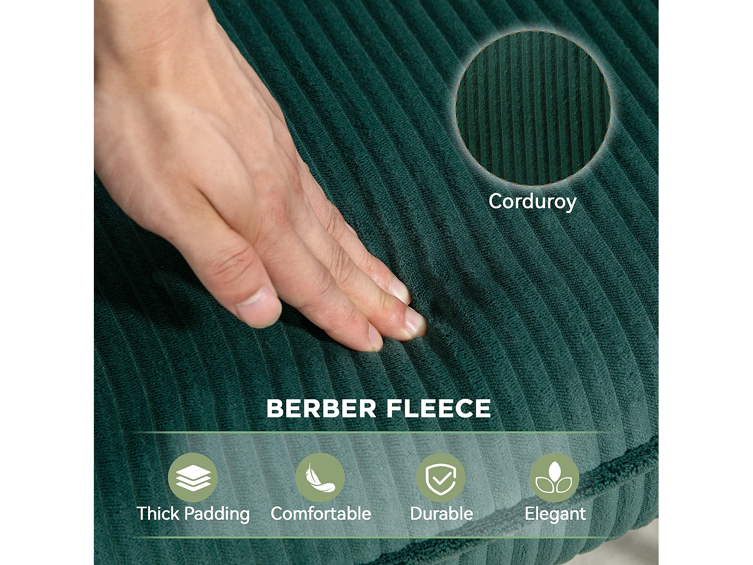 Fauteuil à bascule en velours côtelé, accoudoirs, base en bois, vert foncé (71x98x101 cm)