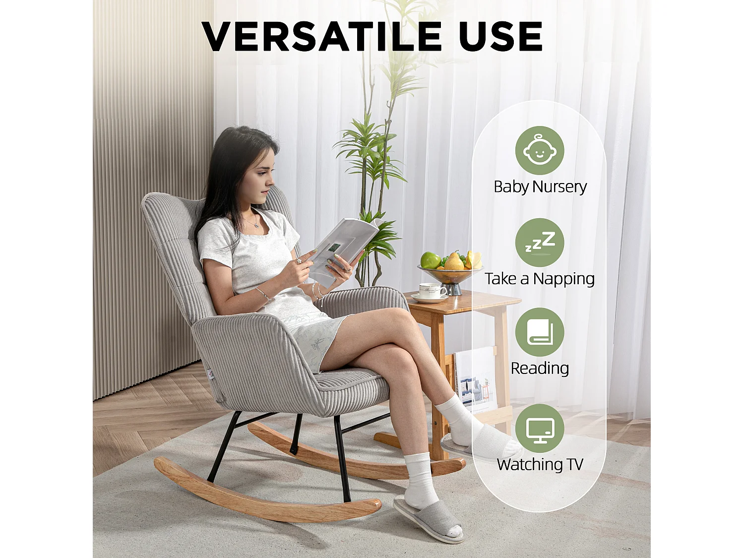 Fauteuil à bascule en velours côtelé, accoudoirs, base en bois, vert foncé (71x98x101 cm)