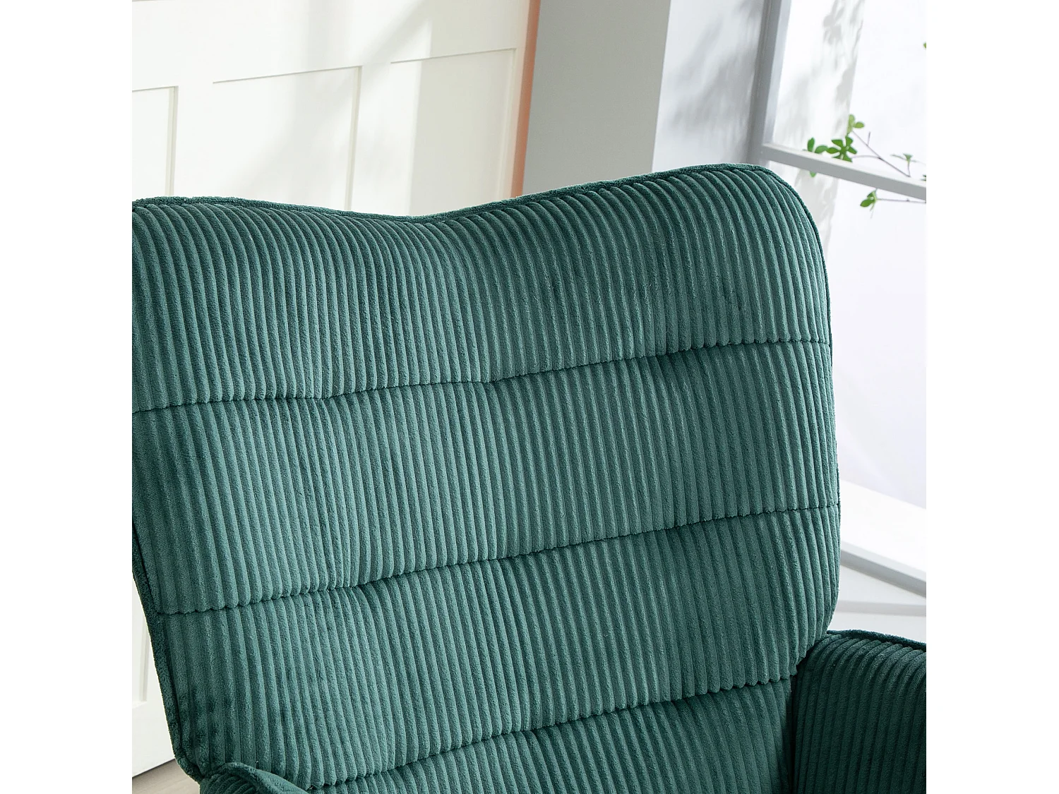 Fauteuil à bascule en velours côtelé, accoudoirs, base en bois, vert foncé (71x98x101 cm)