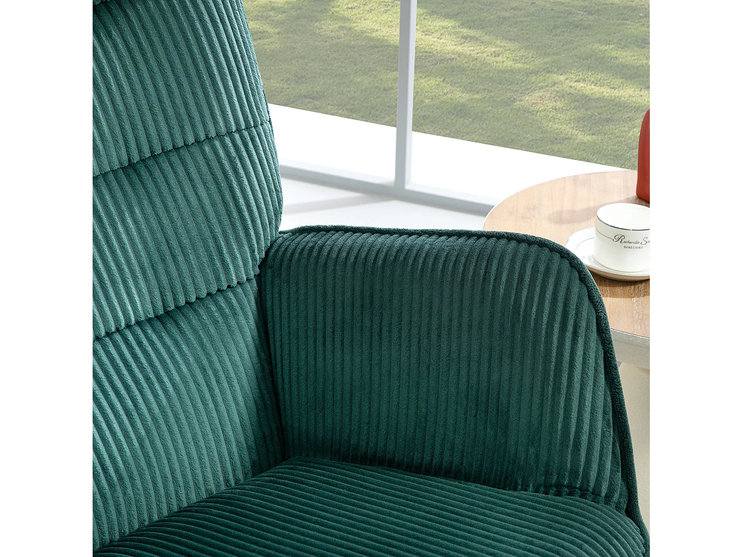 Fauteuil à bascule en velours côtelé, accoudoirs, base en bois, vert foncé (71x98x101 cm)