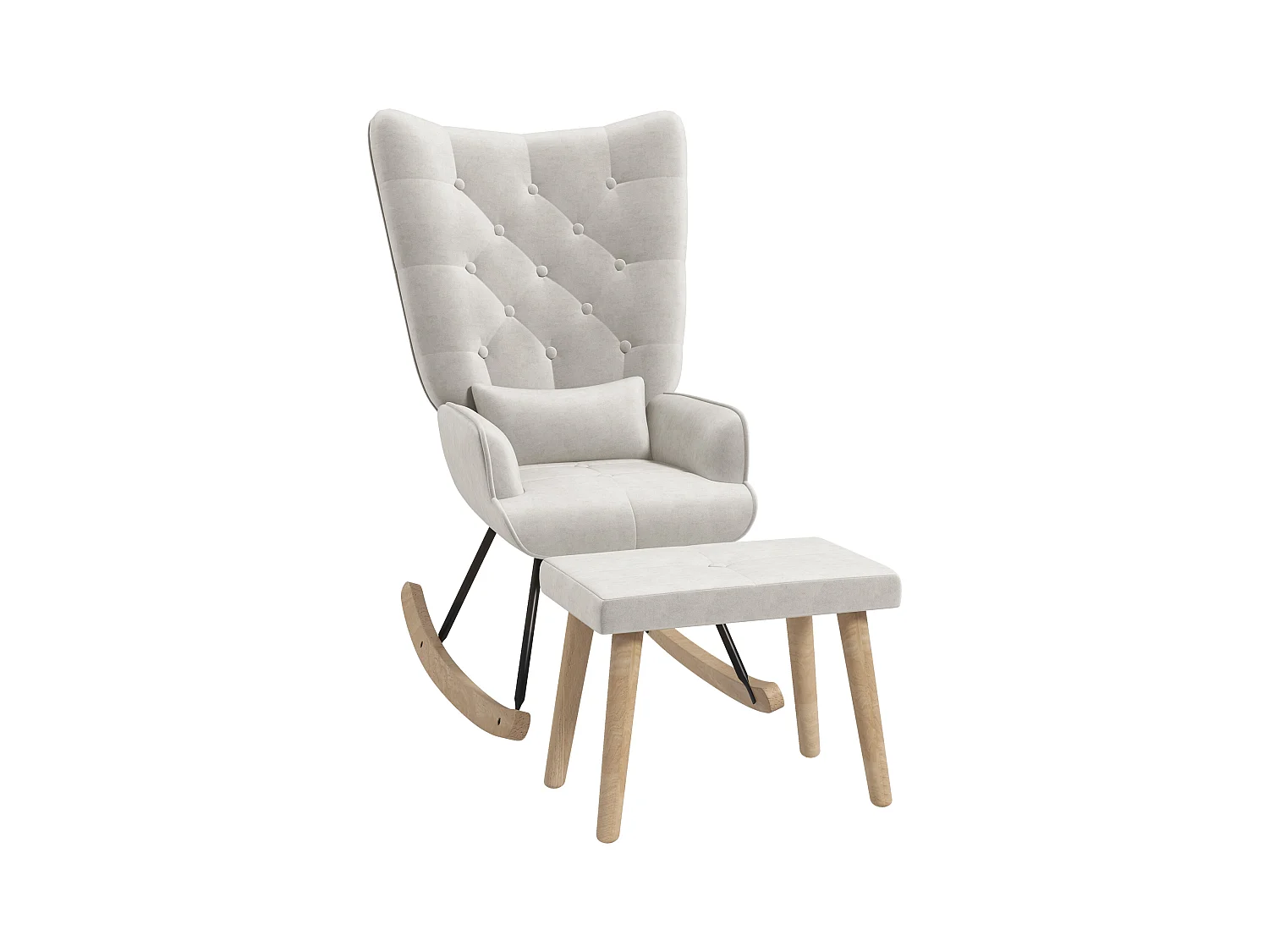 Fauteuil à bascule avec pouf, fauteuil relax avec coussin, aspect velours, fauteuil d'angle avec pieds en bois, pour chambre et salon, crème (66x96x101 cm)