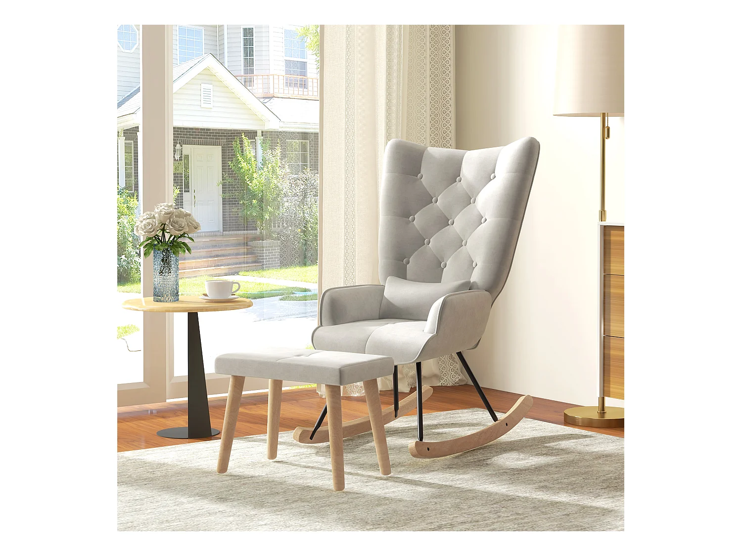 Fauteuil à bascule avec pouf, fauteuil relax avec coussin, aspect velours, fauteuil d'angle avec pieds en bois, pour chambre et salon, crème (66x96x101 cm)