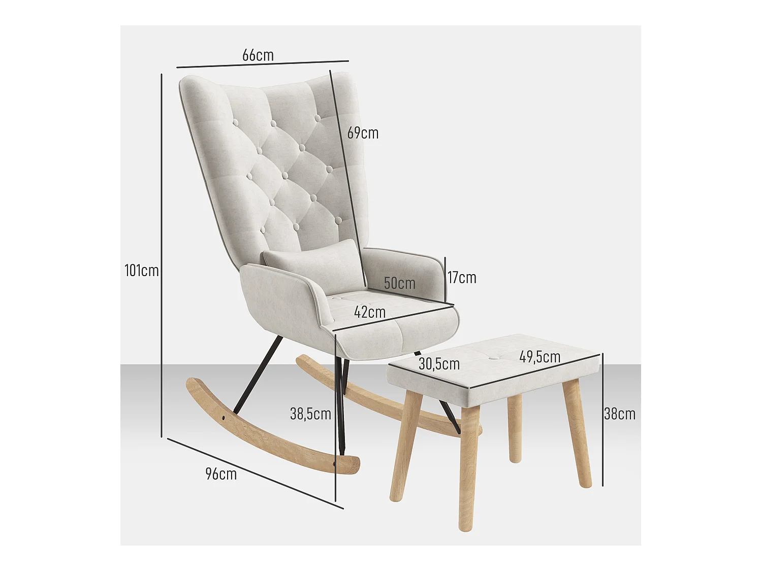 Fauteuil à bascule avec pouf, fauteuil relax avec coussin, aspect velours, fauteuil d'angle avec pieds en bois, pour chambre et salon, crème (66x96x101 cm)