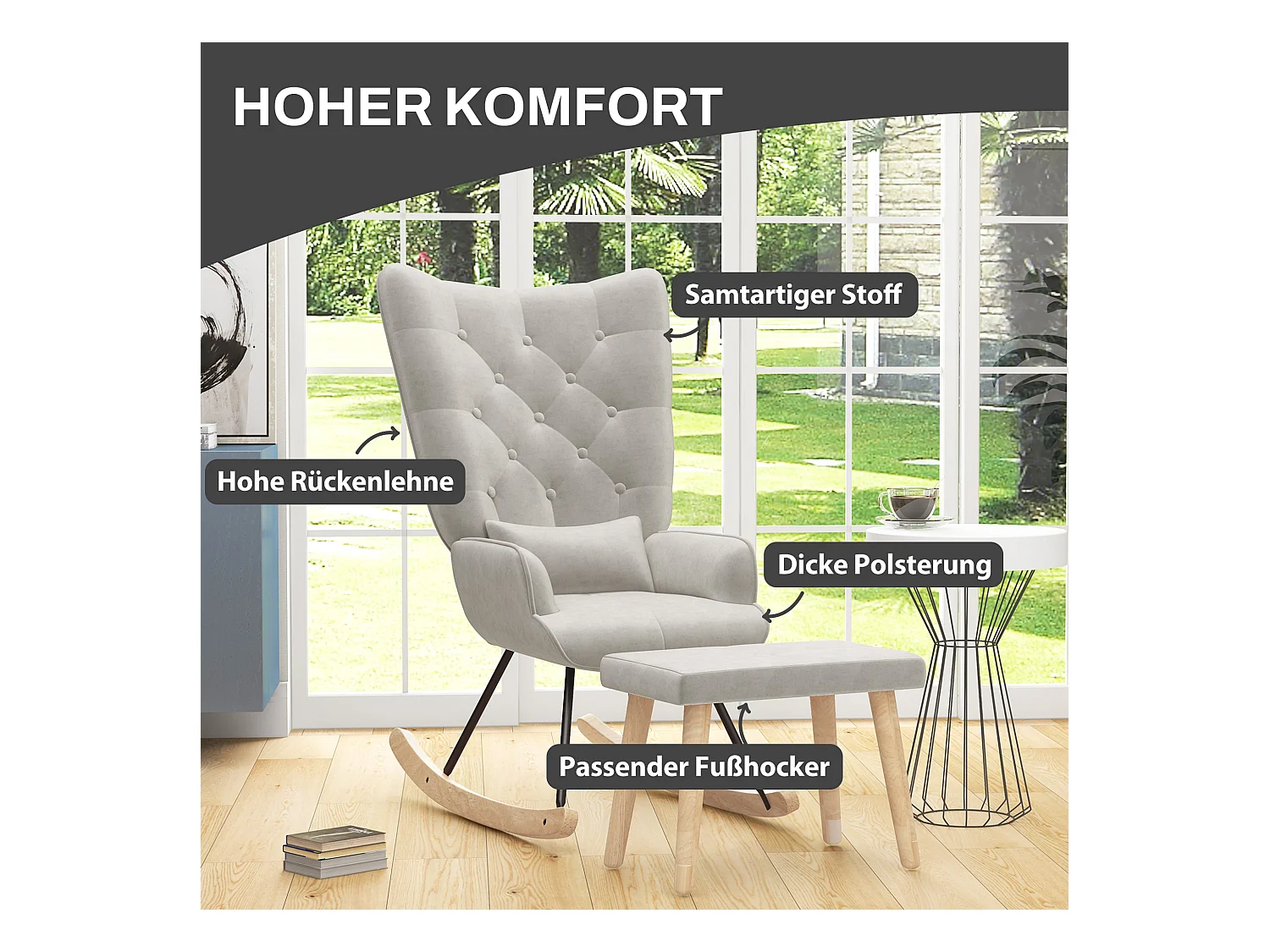 Fauteuil à bascule avec pouf, fauteuil relax avec coussin, aspect velours, fauteuil d'angle avec pieds en bois, pour chambre et salon, crème (66x96x101 cm)