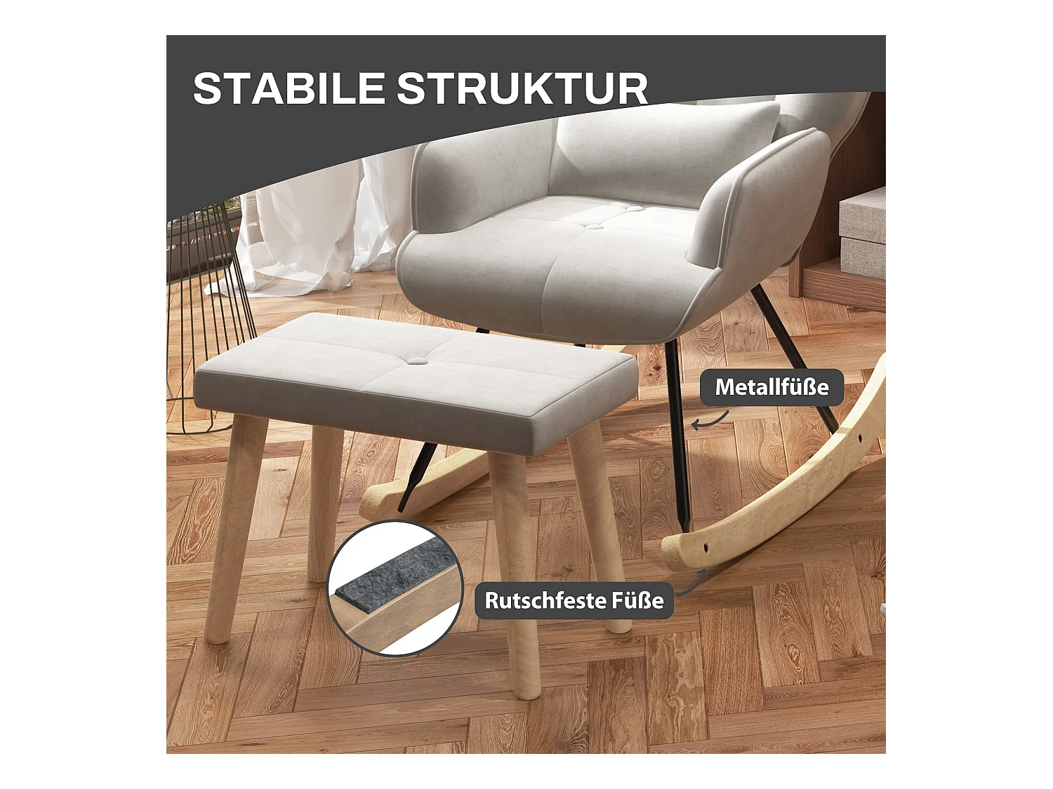 Fauteuil à bascule avec pouf, fauteuil relax avec coussin, aspect velours, fauteuil d'angle avec pieds en bois, pour chambre et salon, crème (66x96x101 cm)