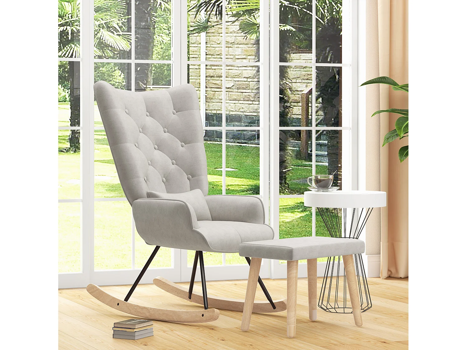 Fauteuil à bascule avec pouf, fauteuil relax avec coussin, aspect velours, fauteuil d'angle avec pieds en bois, pour chambre et salon, crème (66x96x101 cm)