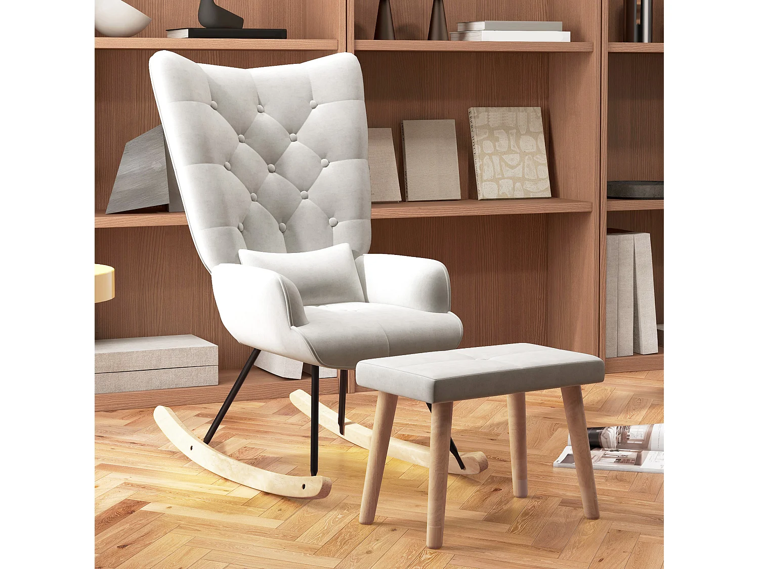 Fauteuil à bascule avec pouf, fauteuil relax avec coussin, aspect velours, fauteuil d'angle avec pieds en bois, pour chambre et salon, crème (66x96x101 cm)