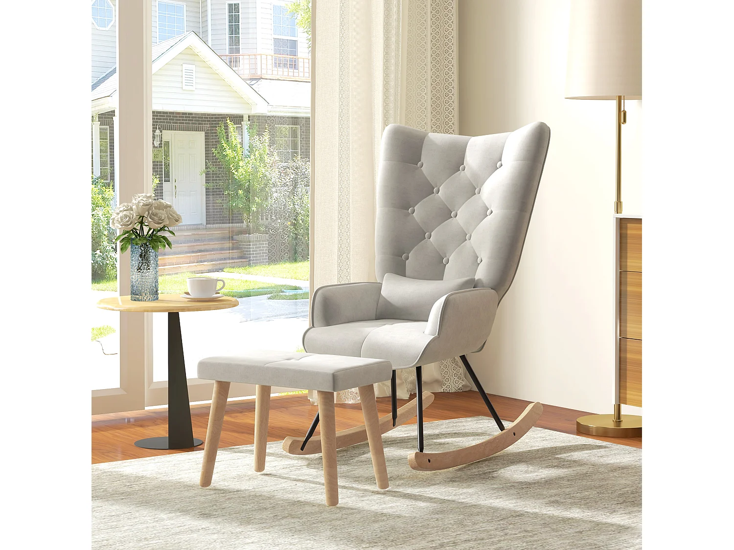 Schommelstoel met poef, relaxstoel met kussen, fluweellook, hoekstoel met houten poten, voor slaapkamer en woonkamer, crème (66x96x101 cm)