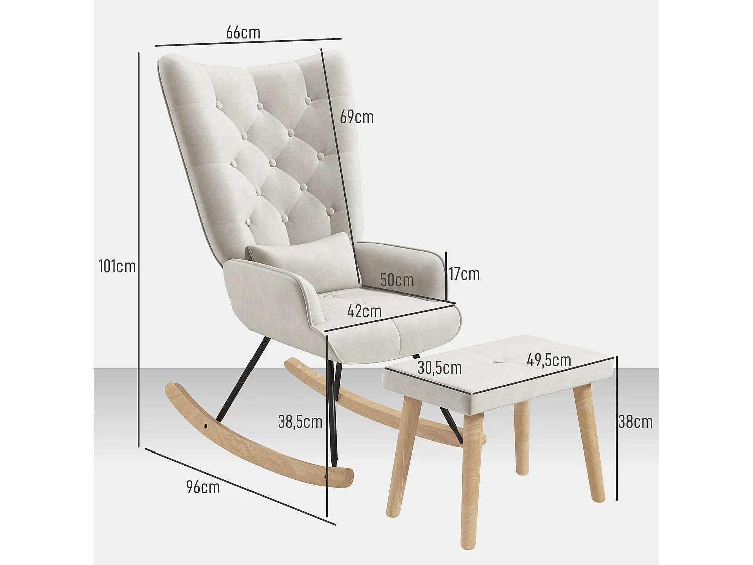 Schommelstoel met poef, relaxstoel met kussen, fluweellook, hoekstoel met houten poten, voor slaapkamer en woonkamer, crème (66x96x101 cm)
