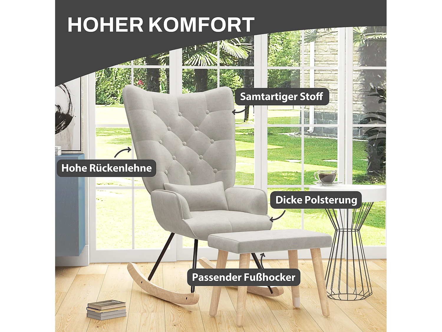 Schommelstoel met poef, relaxstoel met kussen, fluweellook, hoekstoel met houten poten, voor slaapkamer en woonkamer, crème (66x96x101 cm)