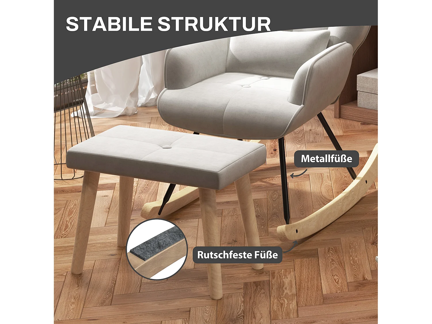 Schommelstoel met poef, relaxstoel met kussen, fluweellook, hoekstoel met houten poten, voor slaapkamer en woonkamer, crème (66x96x101 cm)