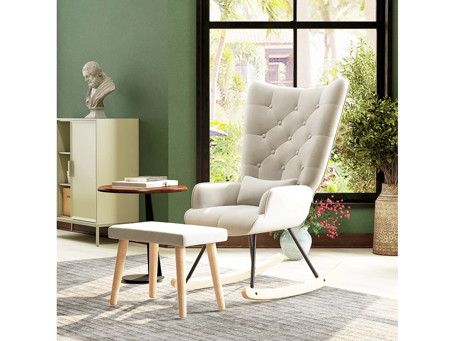 Schommelstoel met poef, relaxstoel met kussen, fluweellook, hoekstoel met houten poten, voor slaapkamer en woonkamer, crème (66x96x101 cm)