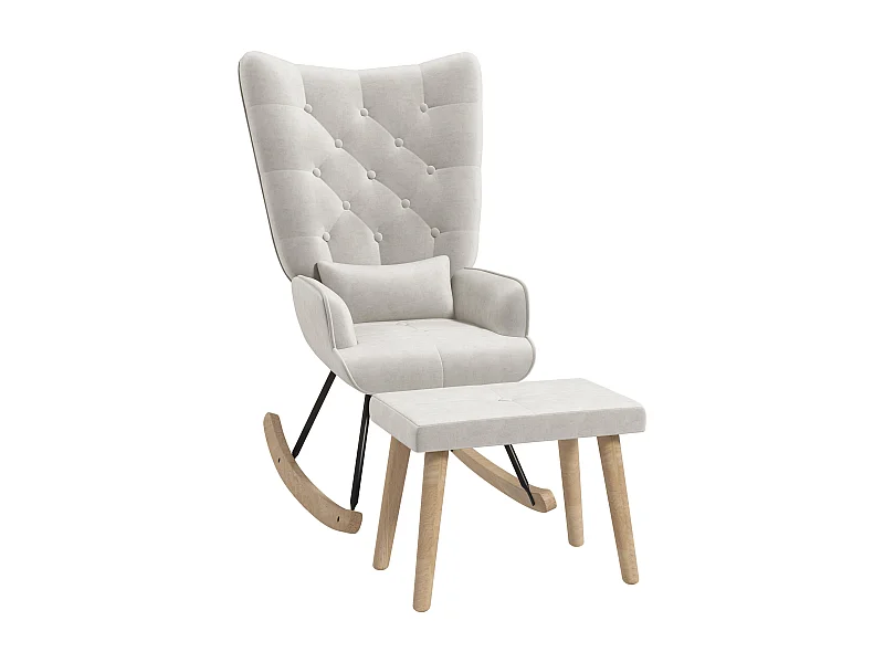 Fauteuil à bascule avec pouf, fauteuil relax avec coussin, aspect velours, fauteuil d'angle avec pieds en bois, pour chambre et salon, crème (66x96x101 cm)