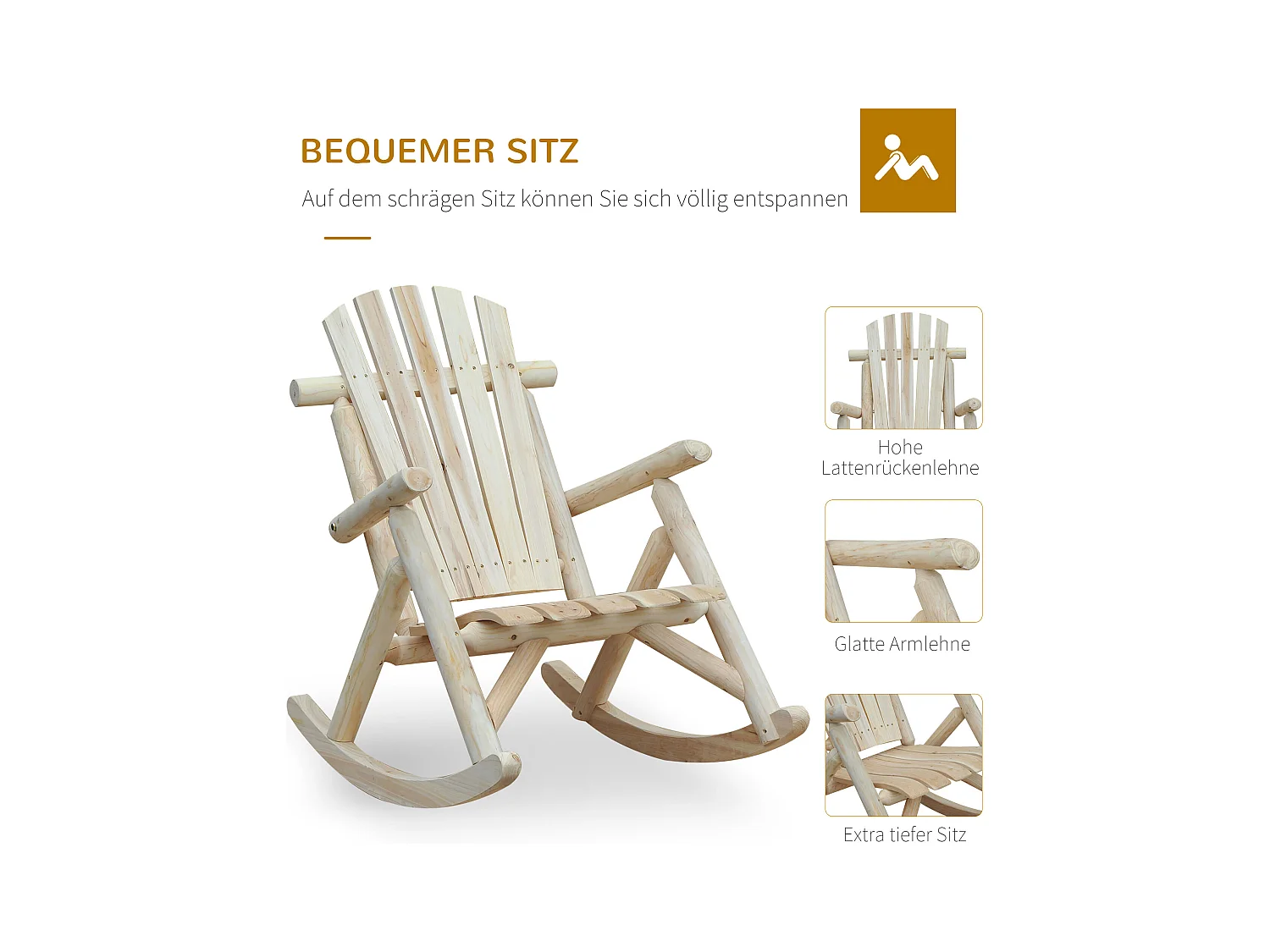 Fauteuil à bascule ergonomique en bois naturel, confortable et robuste (96x66x98cm)