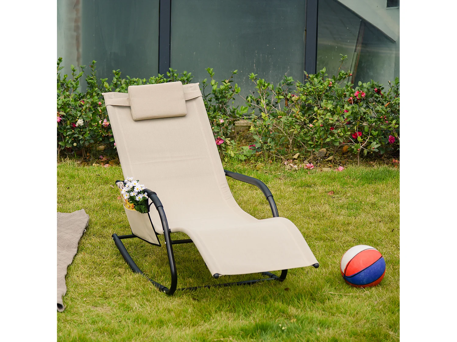 Fauteuil à bascule suspendu en métal et mesh, beige, confortable (150x62x88 cm)