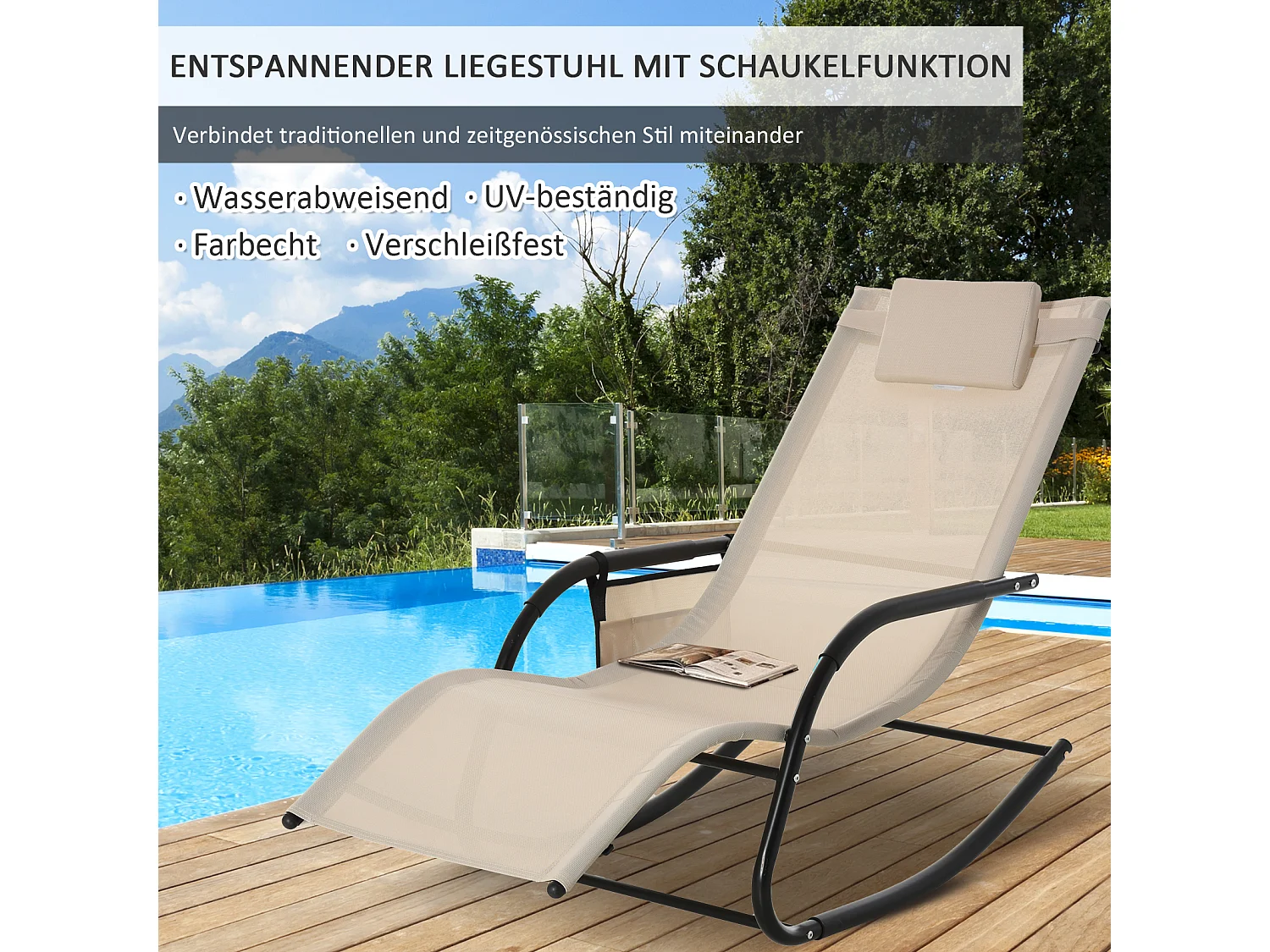 Fauteuil à bascule suspendu en métal et mesh, beige, confortable (150x62x88 cm)