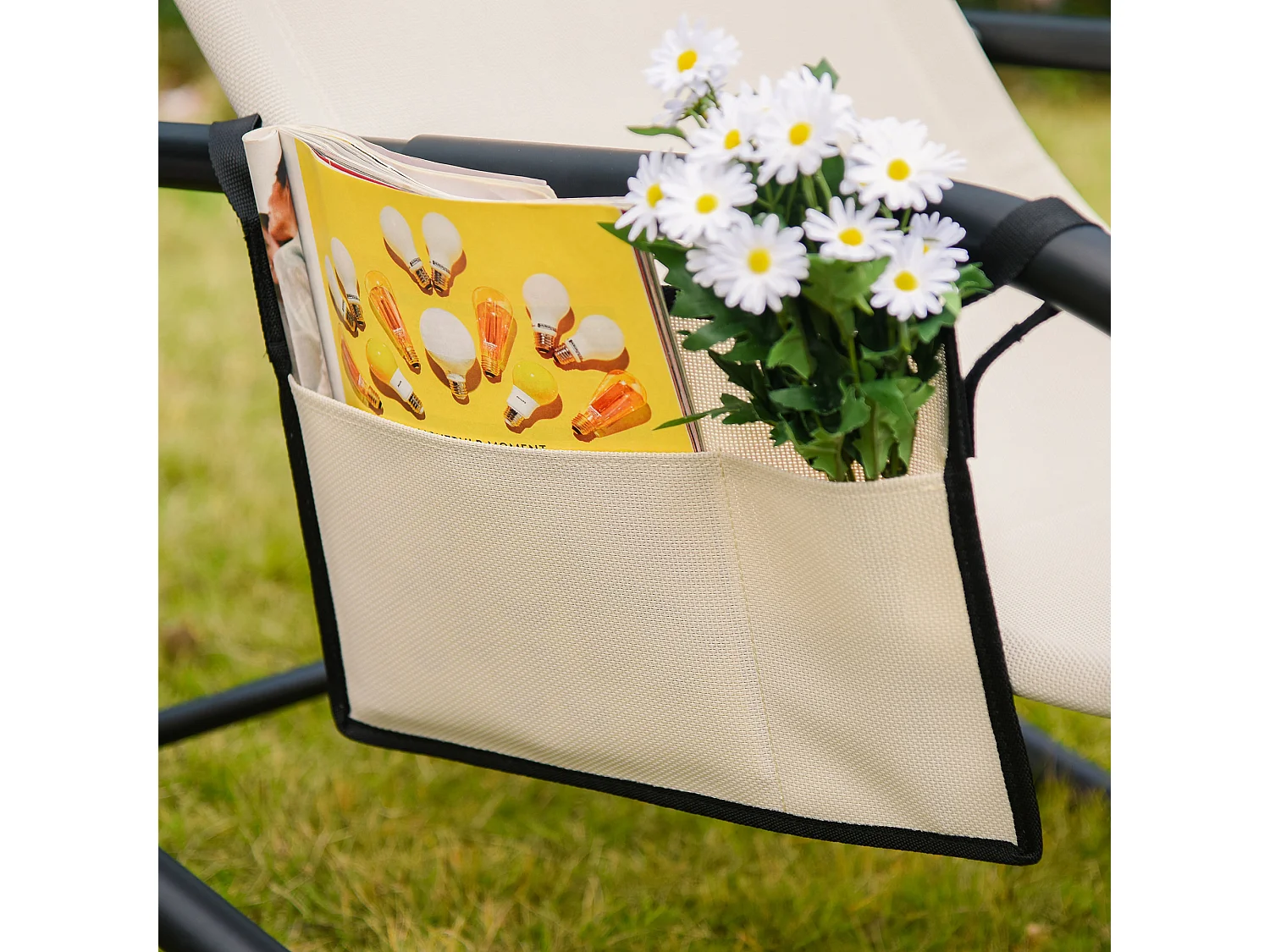 Fauteuil à bascule suspendu en métal et mesh, beige, confortable (150x62x88 cm)