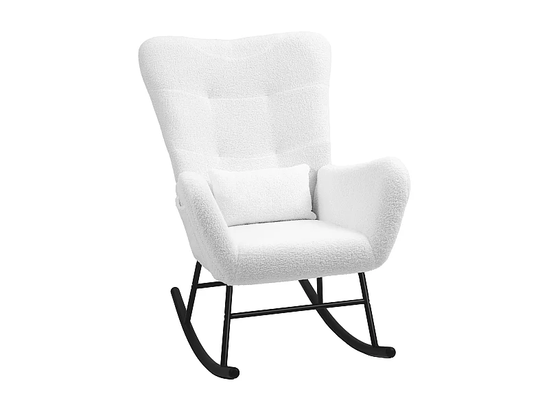 Chaise à bascule avec coussin lombaire, tissu velours, bois, blanc (67x95x100 cm)