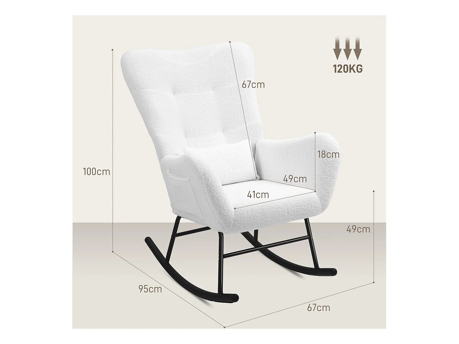 Chaise à bascule avec coussin lombaire, tissu velours, bois, blanc (67x95x100 cm)