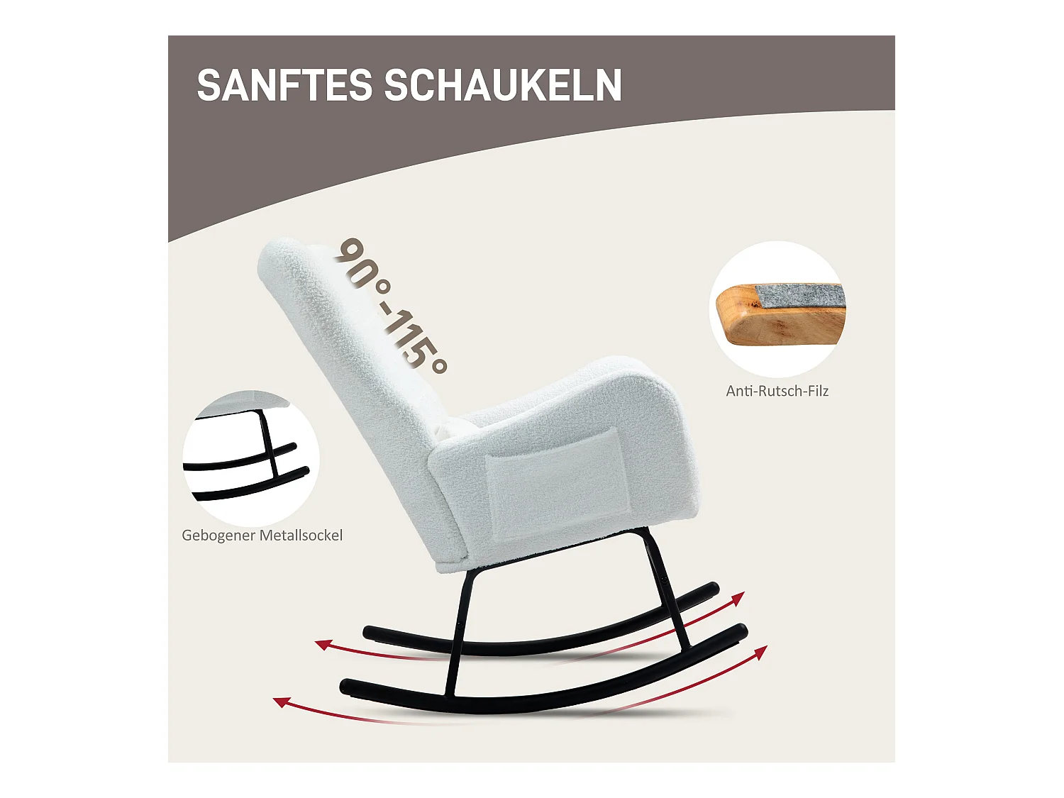 Chaise à bascule avec coussin lombaire, tissu velours, bois, blanc (67x95x100 cm)