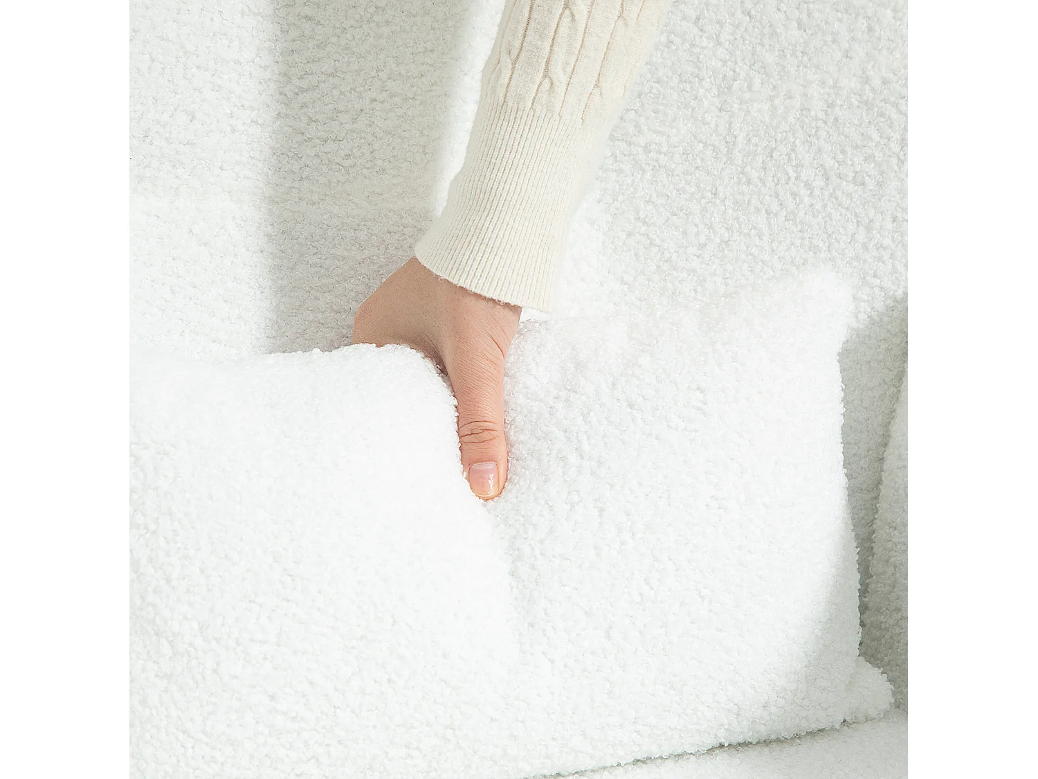 Chaise à bascule avec coussin lombaire, tissu velours, bois, blanc (67x95x100 cm)